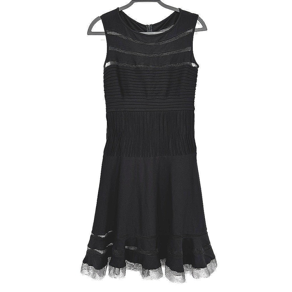 Tadashi Shoji Black Pintuck Pleated Fit Flare Mesh Lace Dress 6L799M Small